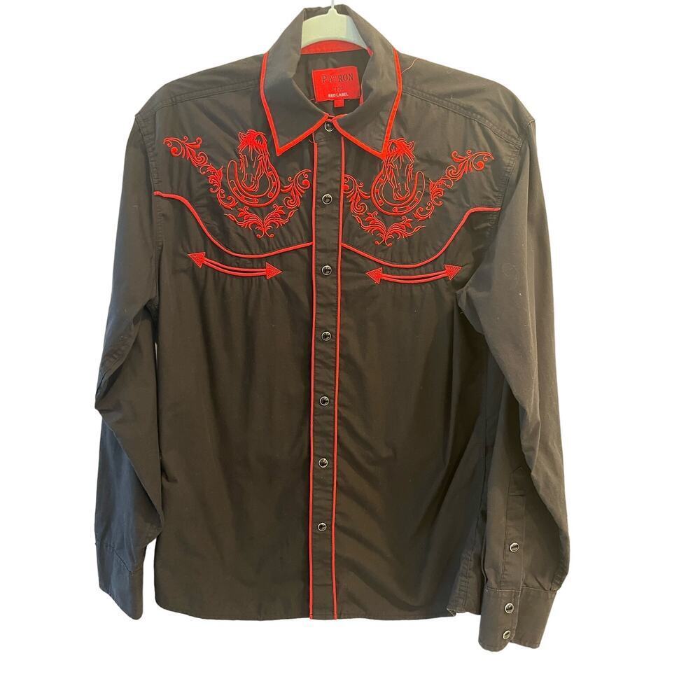 Patron Cito Red Label Size Small Black Western Pearl Snap Horse Shirt